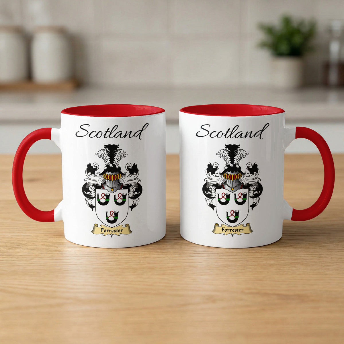Red-accent Forrester Scottish family crest mugs with Scotland above the heraldic shield