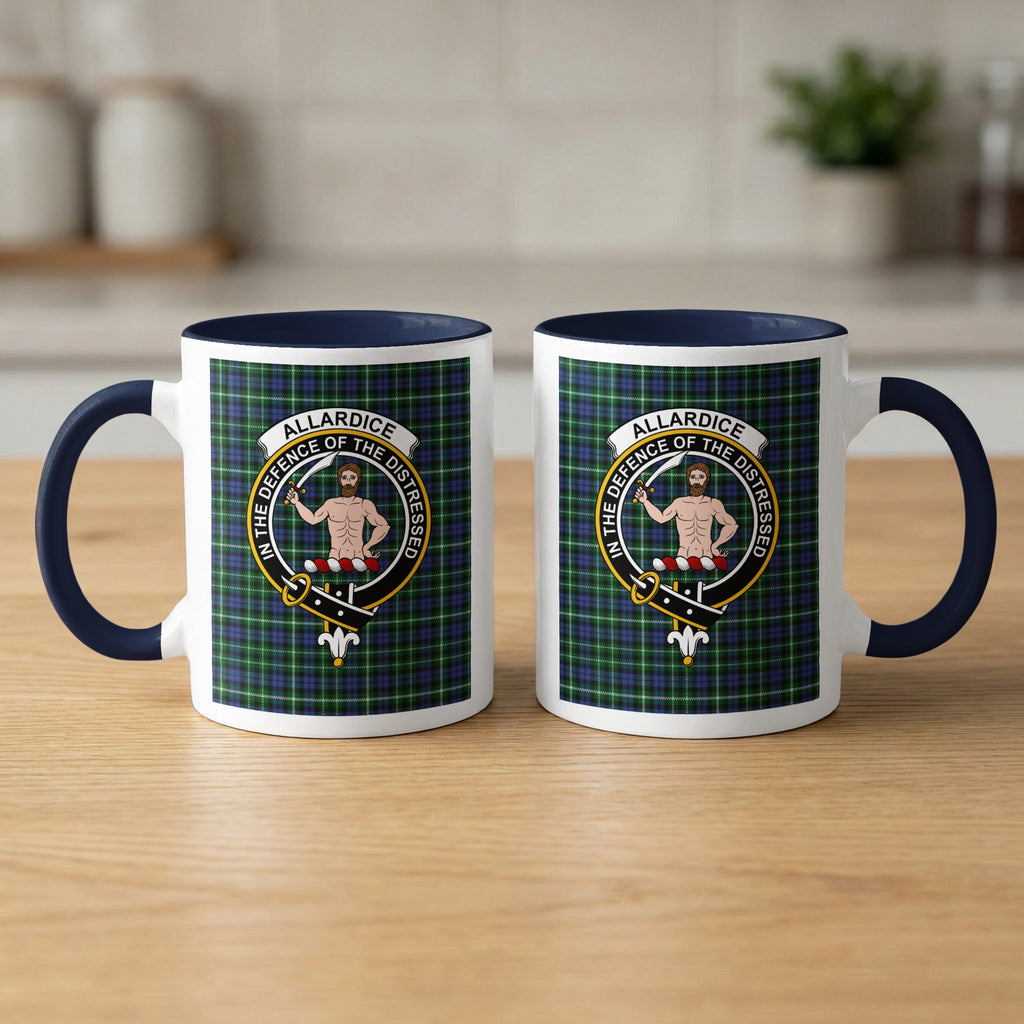 Pair of Allardice Scottish family crest 11 oz mugs with navy accents and a tartan background