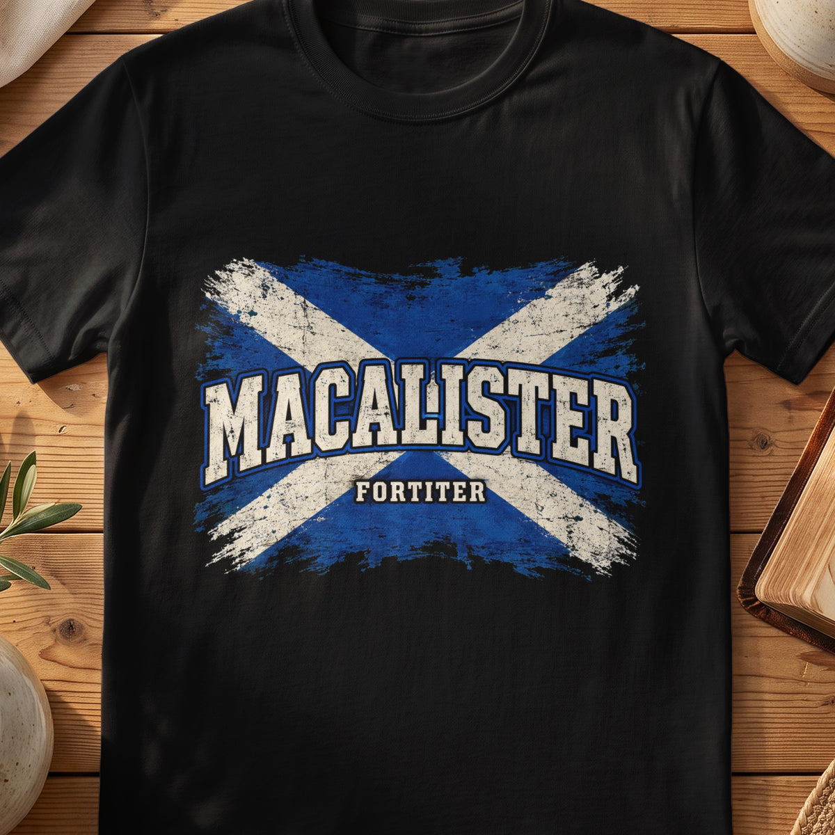 MacAlister Scottish Saltire T-shirt in Black, with distressed blue and cream flag and “Fortiter” lettering.