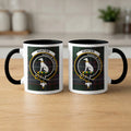 Hunter clan crest and motto mugs front and back — tartan background design