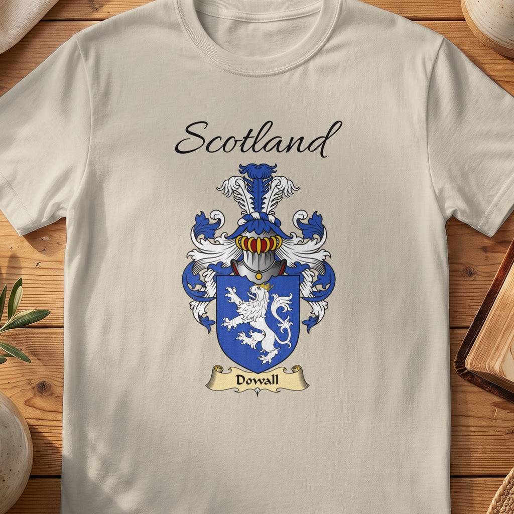 Sand Dowall Scottish family shield T-shirt featuring a white lion on a blue shield