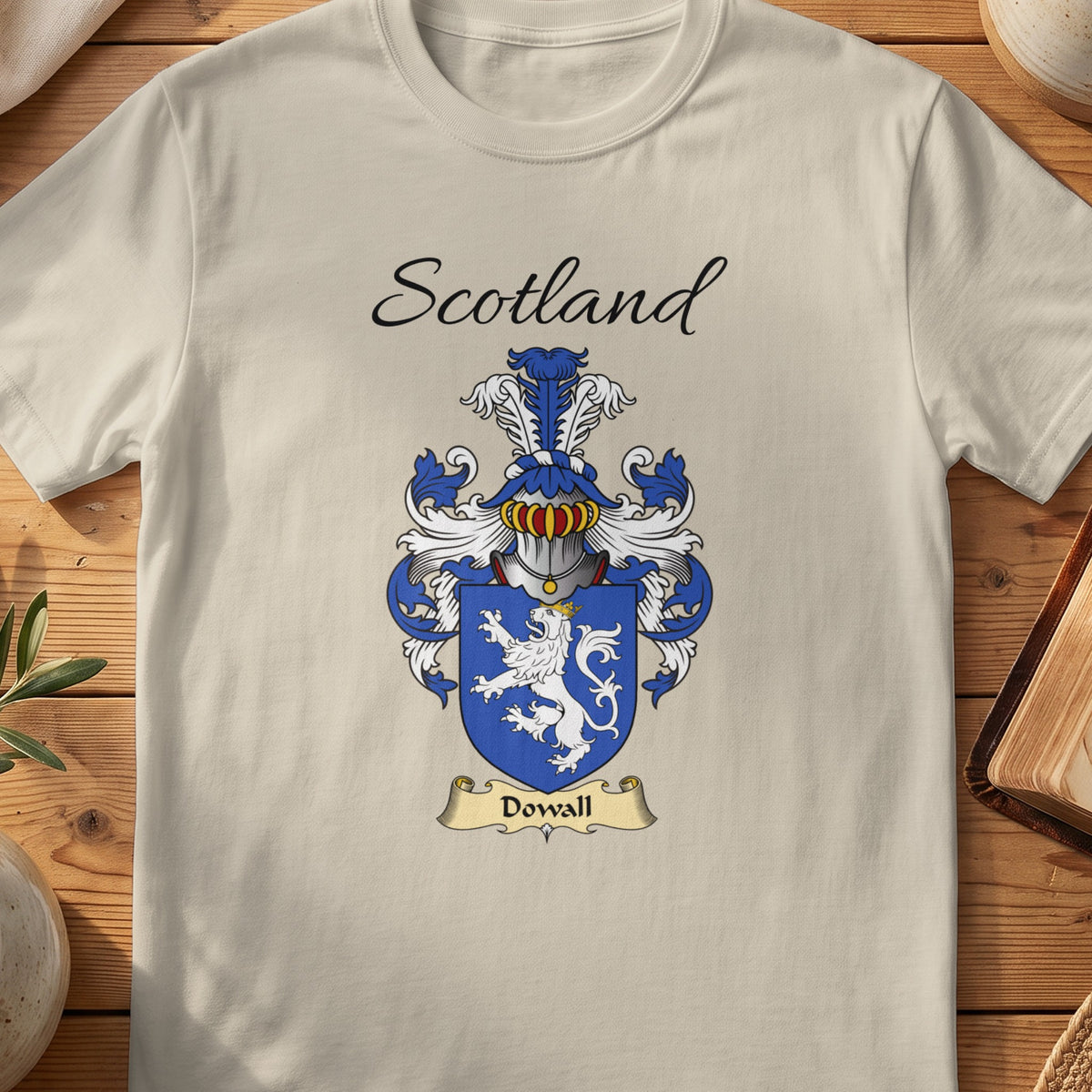 Sand Dowall Scottish family shield T-shirt featuring a white lion on a blue shield
