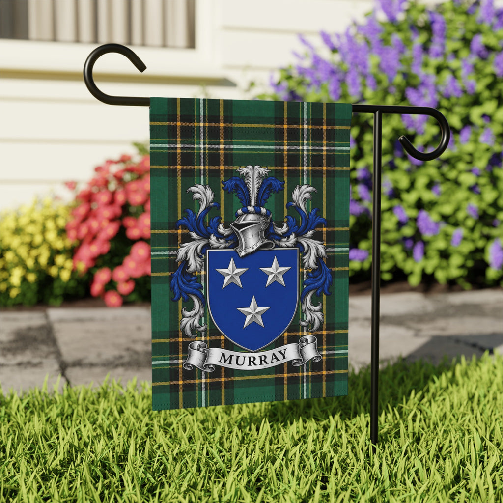 Murray Irish family crest garden flag on Irish National Tartan, garden view