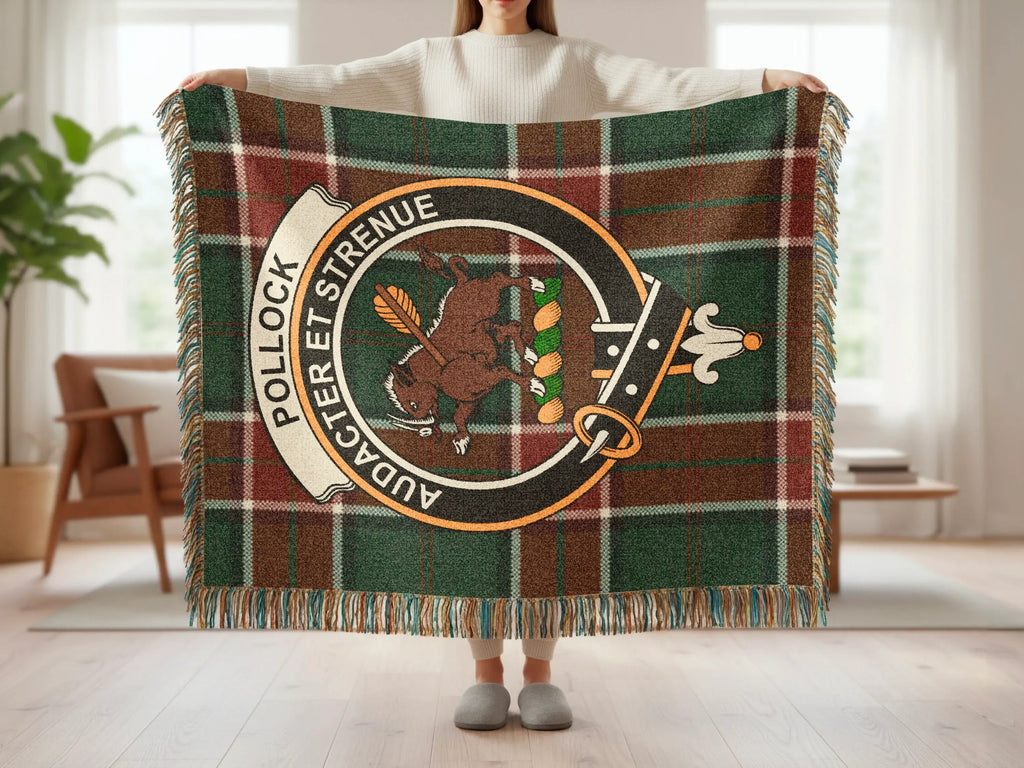 Pollock clan crest plaid woven blanket — cotton construction with colourful fringe border