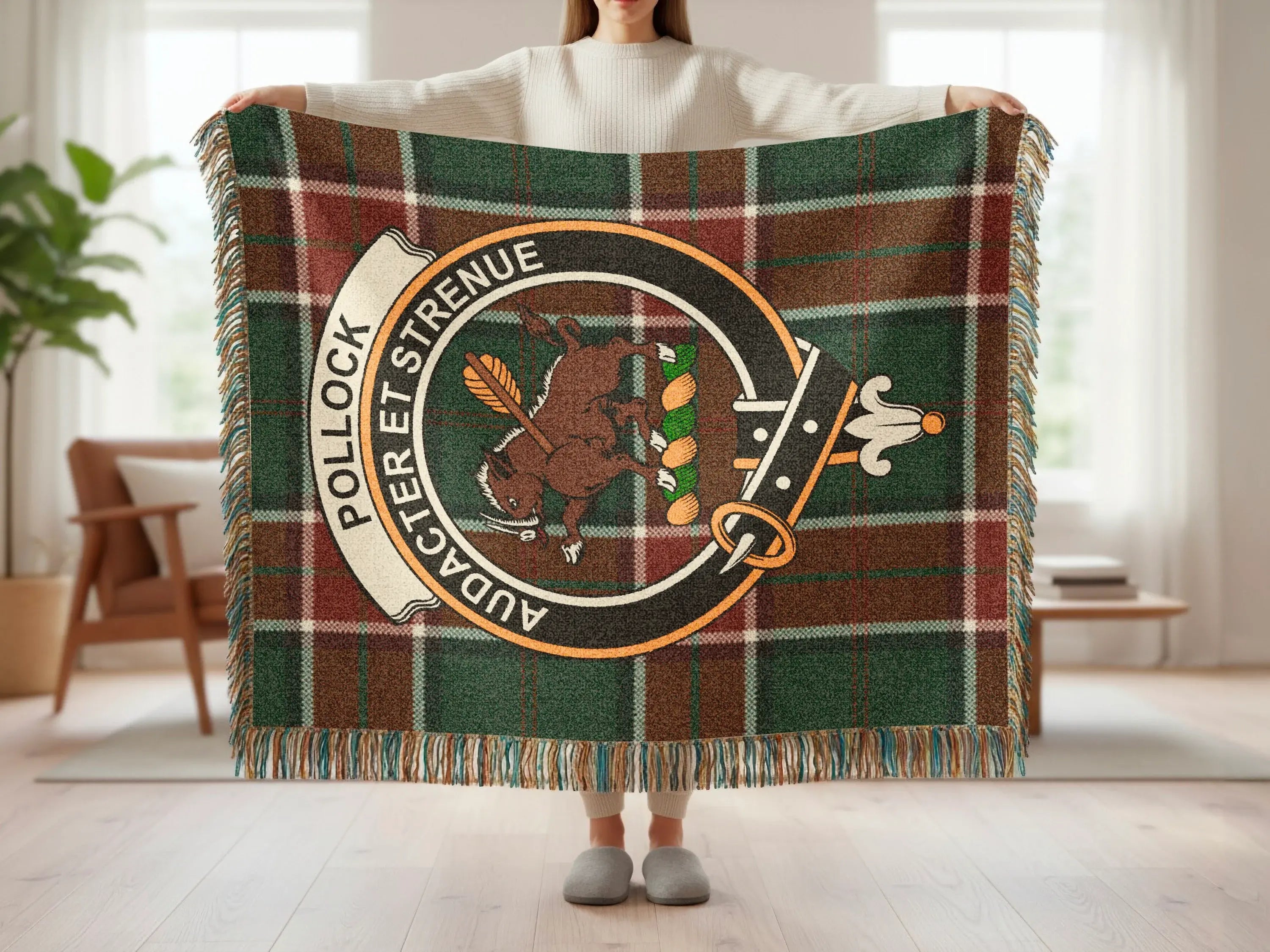 Pollock clan crest plaid woven blanket — cotton construction with colourful fringe border