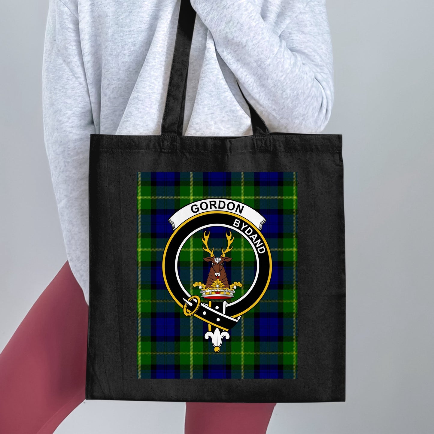 Gordon Crest on Green Blue Tartan Gordon Byand Tote Bag - Living Stone Gifts