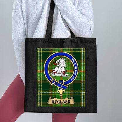 Buglass Clan Crest on Scottish Tartan Pattern Tote Bag - Living Stone Gifts