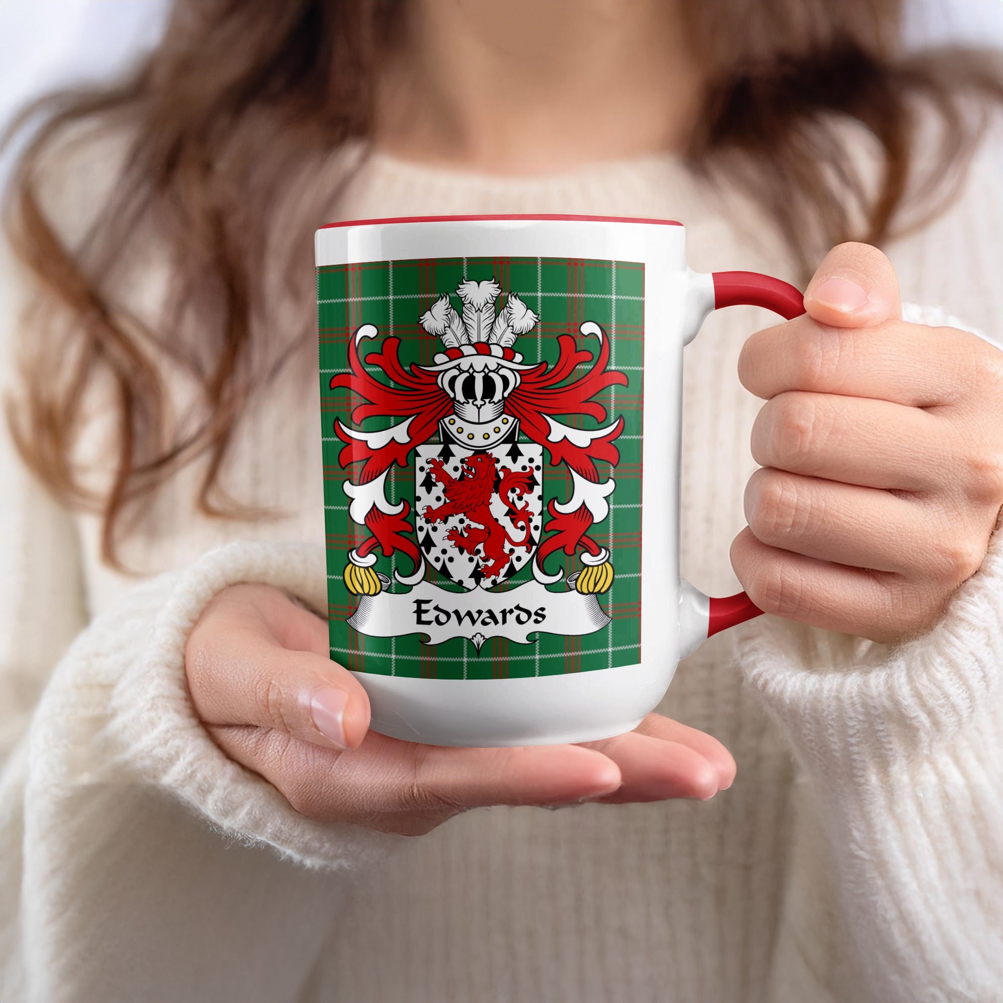 White mug with red handle displaying a green plaid pattern and the Edwards family crest.