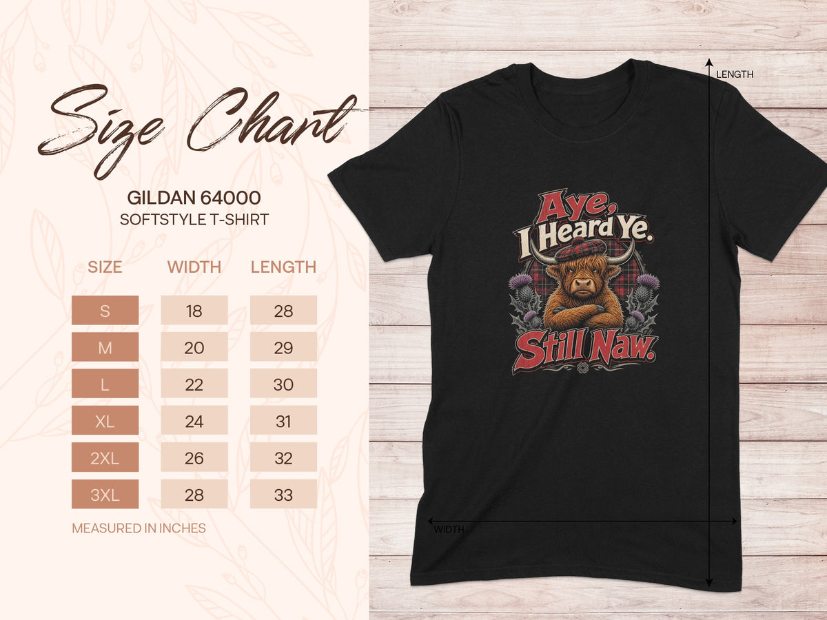 Gildan 64000 softstyle t-shirt size chart with Highland cow graphic.