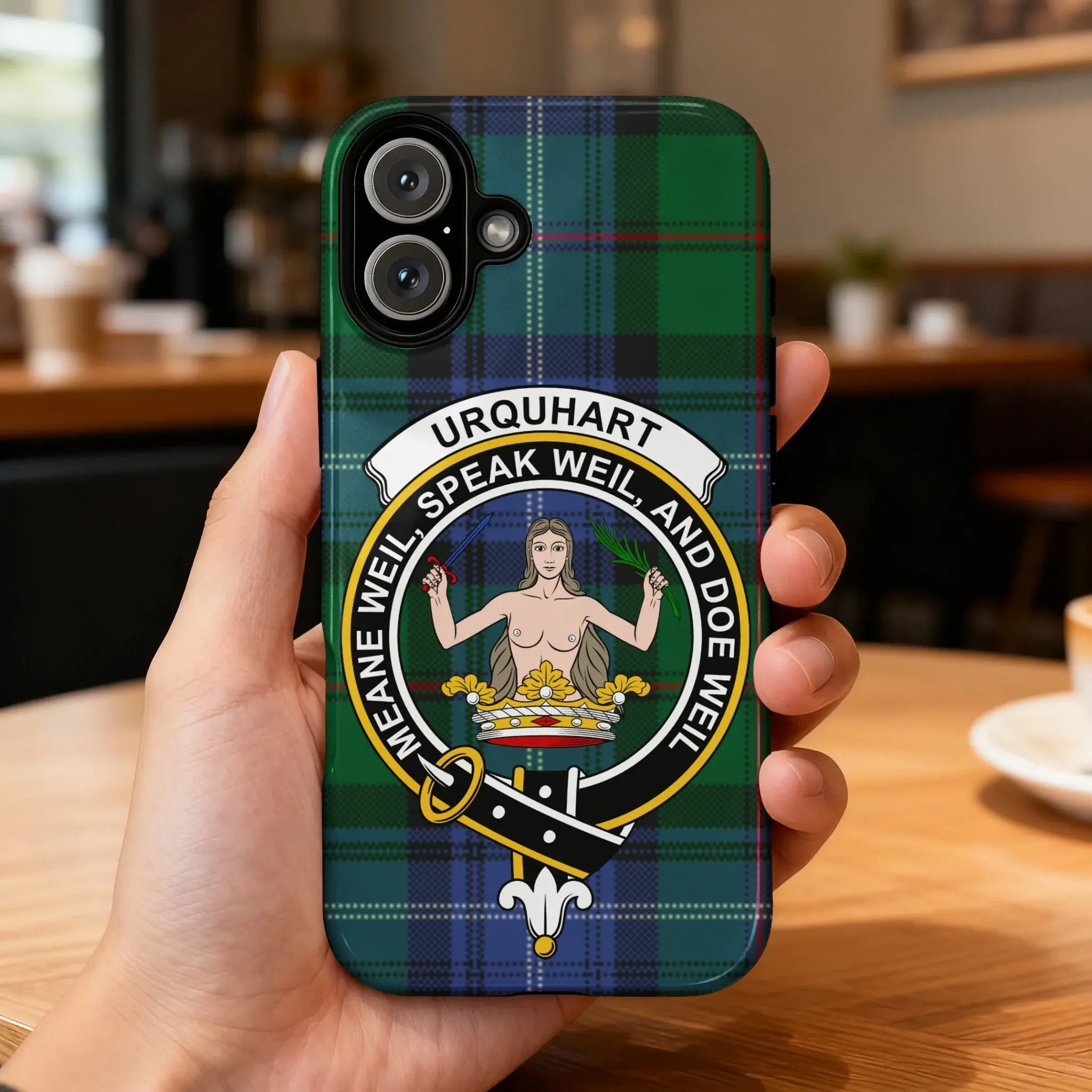 Urquhart clan crest iPhone case with motto and tartan design — Google Pixel shown
