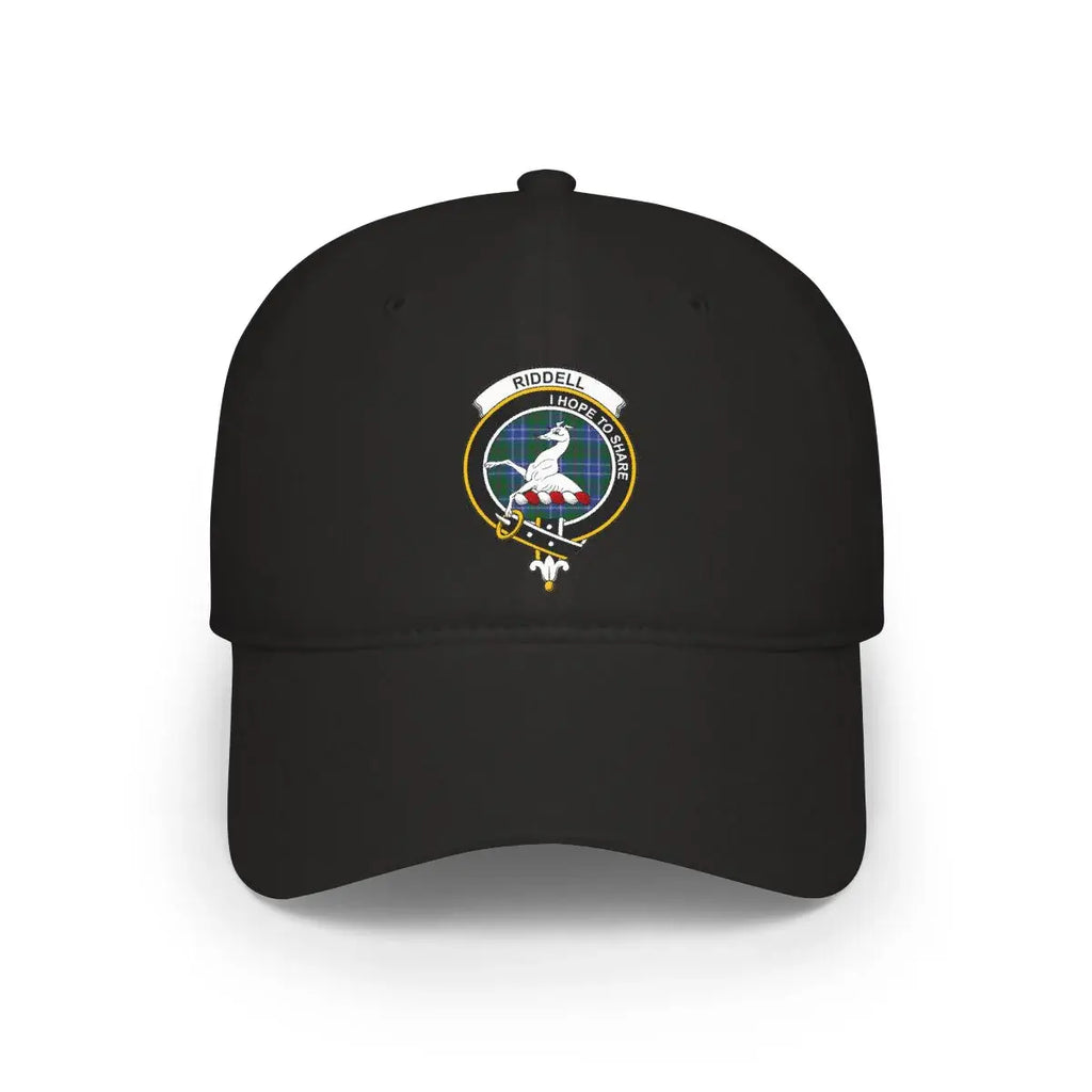 Clan Riddell crest tartan cap in black — printed I Hope to Share greyhound emblem, low-profile cotton hat