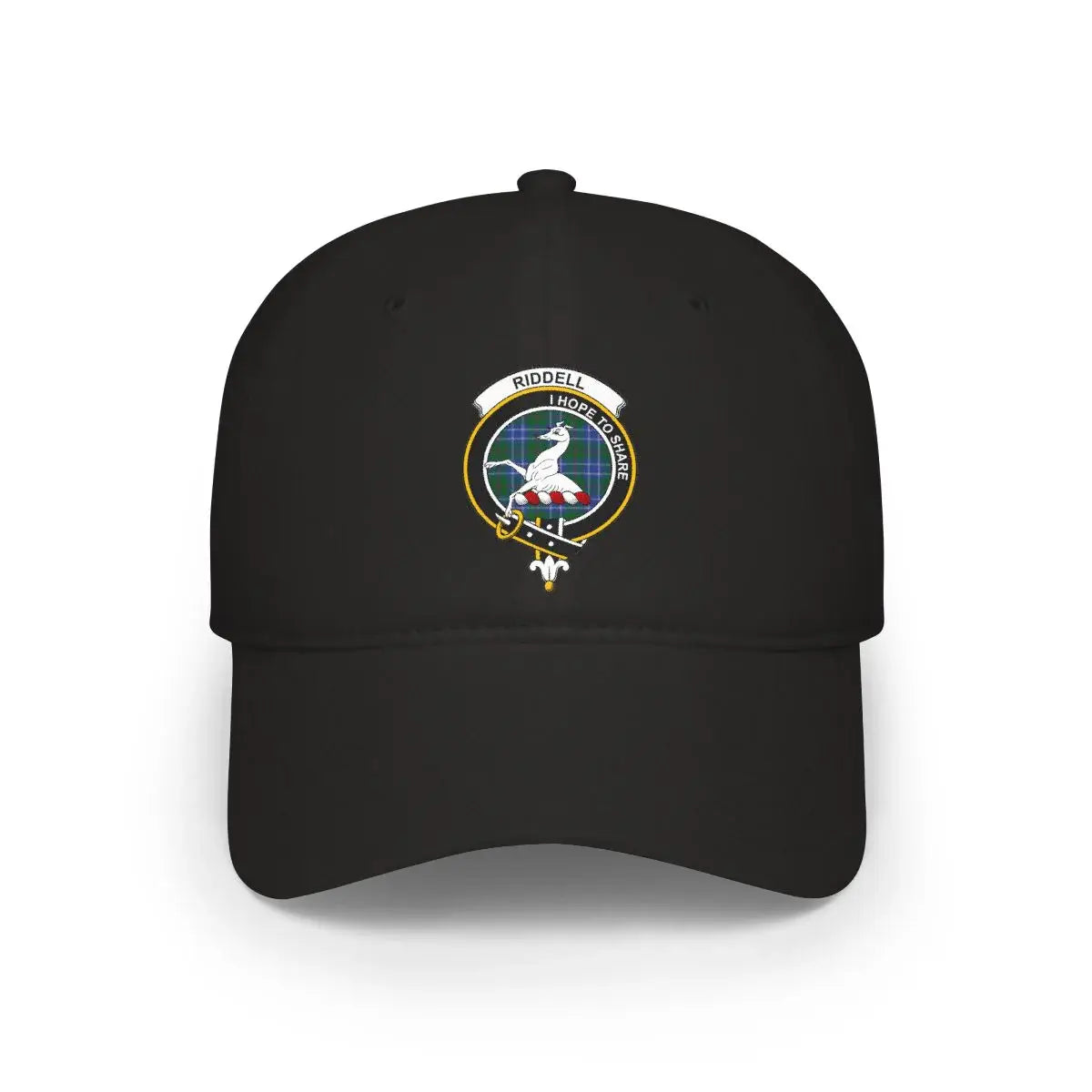Clan Riddell crest tartan cap in black — printed I Hope to Share greyhound emblem, low-profile cotton hat