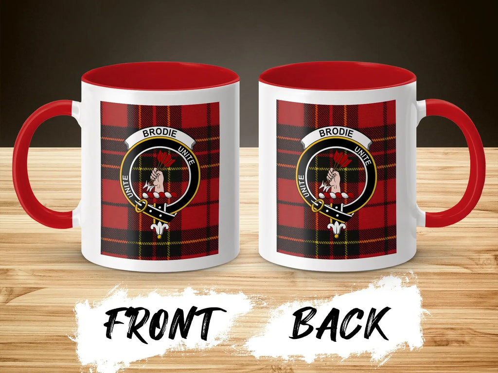 Brodie unite tartan accent mug — red handle, 11 oz
