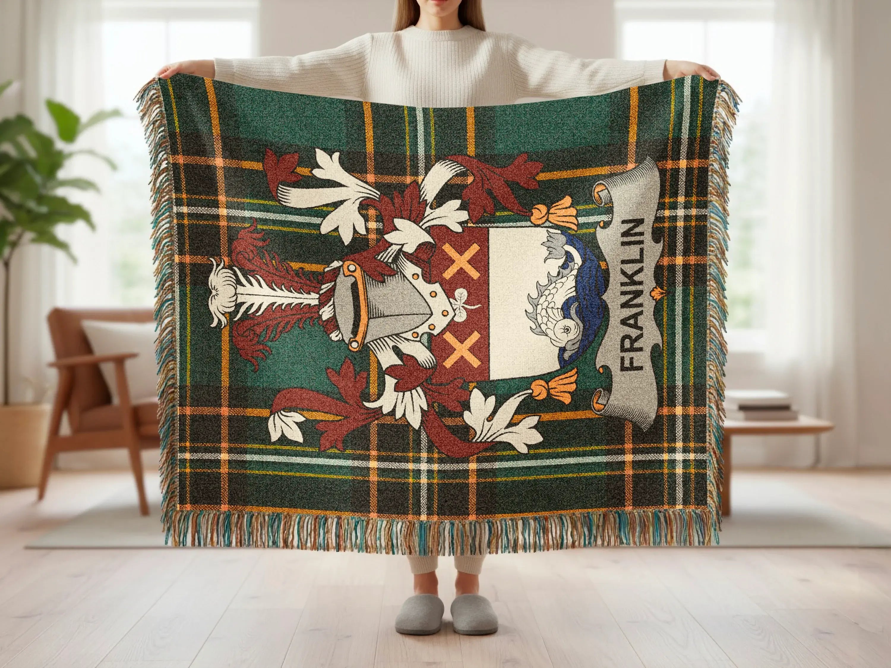 Green plaid throw blanket with a shield and the word "Franklin".