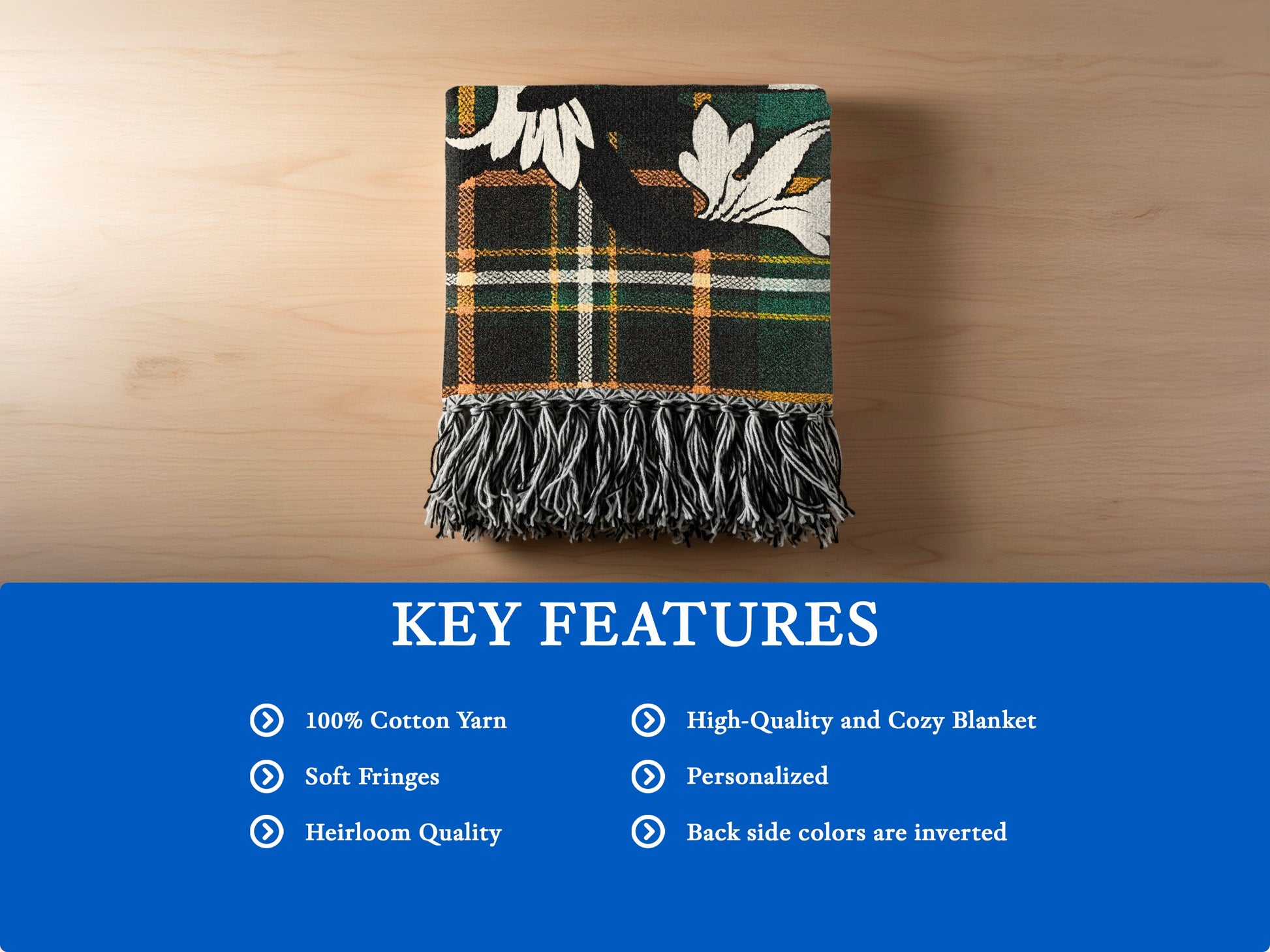Plaid blanket with fringed edges and "Key Features" text overlay.