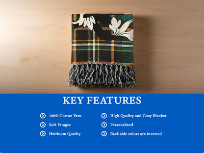 Plaid blanket with fringed edges and "Key Features" text overlay.