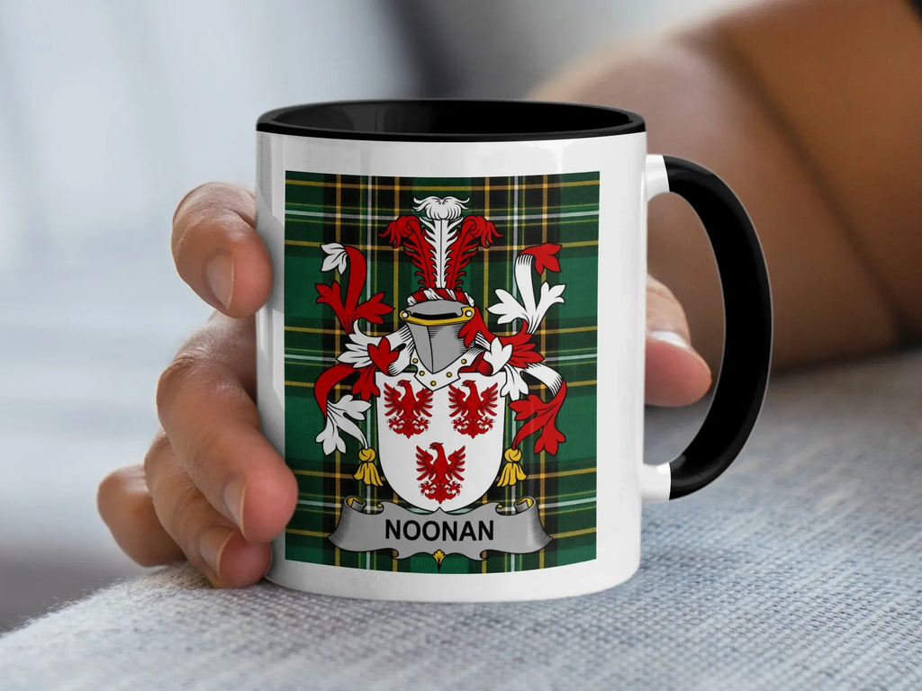 Noonan Irish Heritage Accent Mug with black handle and family crest