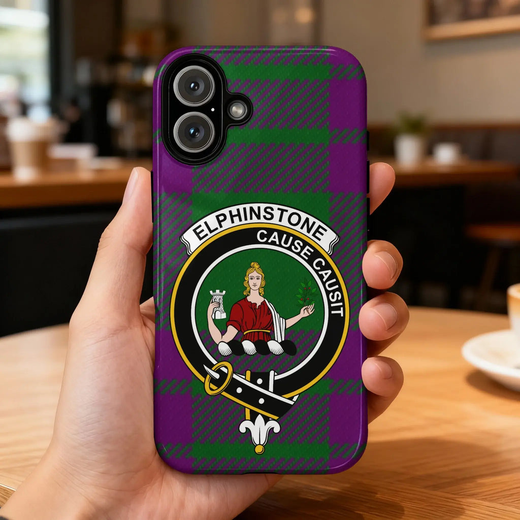 Clan Elphinstone tartan phone case — glossy 3D wrap print, crest and motto Cause Causit, iPhone model