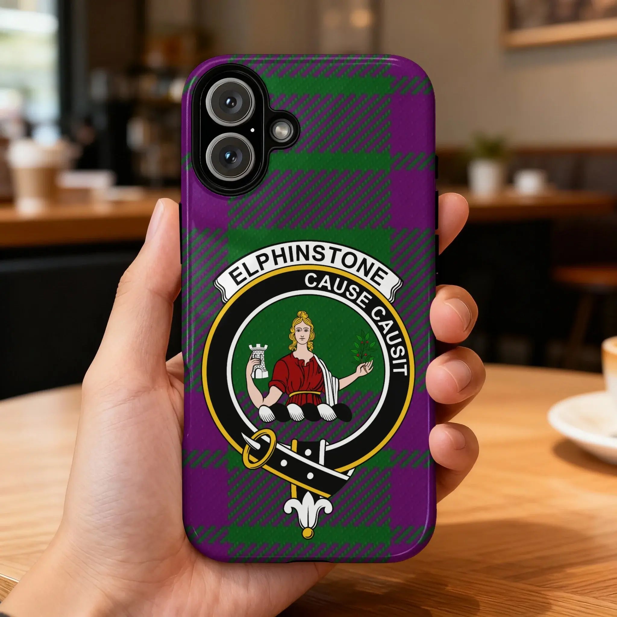Clan Elphinstone tartan phone case — glossy 3D wrap print, crest and motto Cause Causit, iPhone model