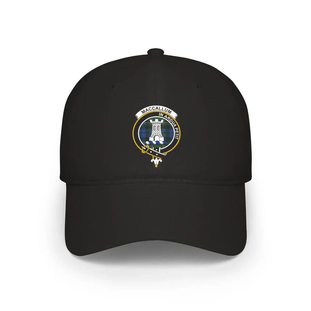 Clan MacCallum crest tartan printed cap in black — low-profile cotton adjustable hat