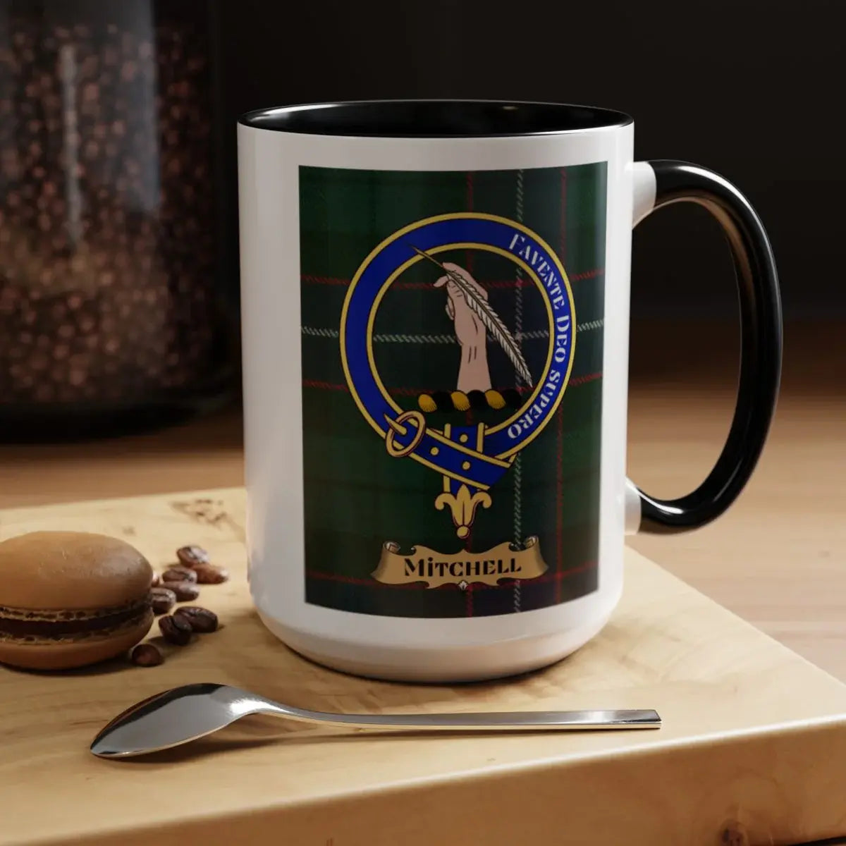 Close-up of the Mitchell clan crest printed on a ceramic mug
