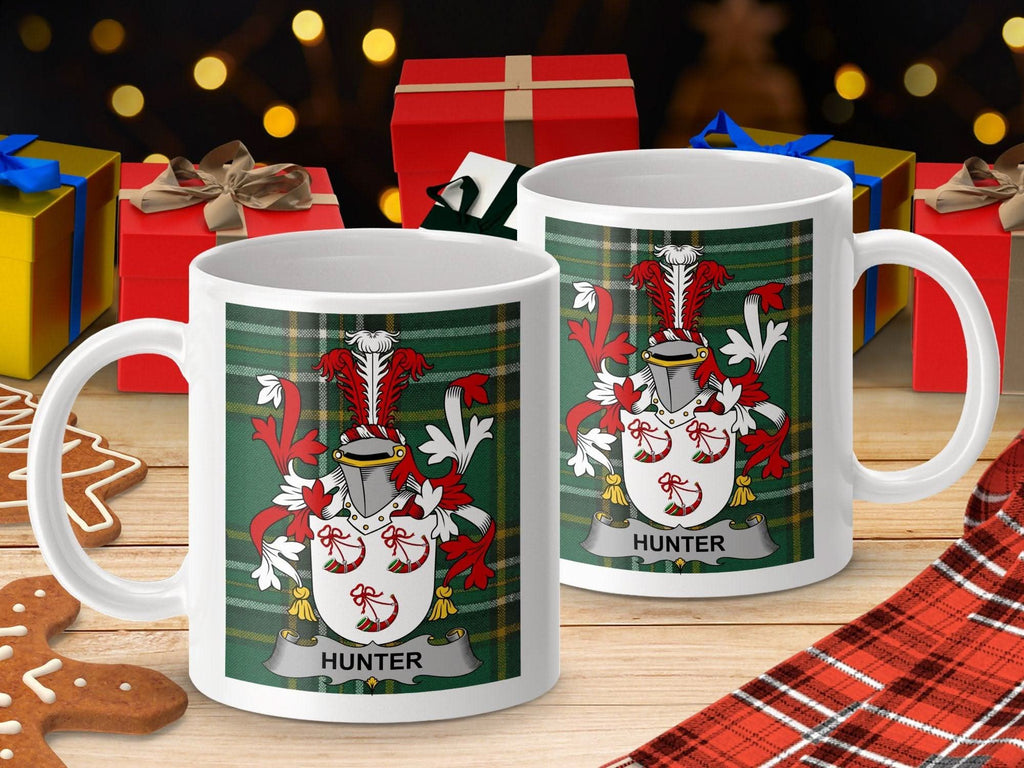 Hunter Surname Family Crest Irish National Tartan Mug - Celtic Ancestry Gifts