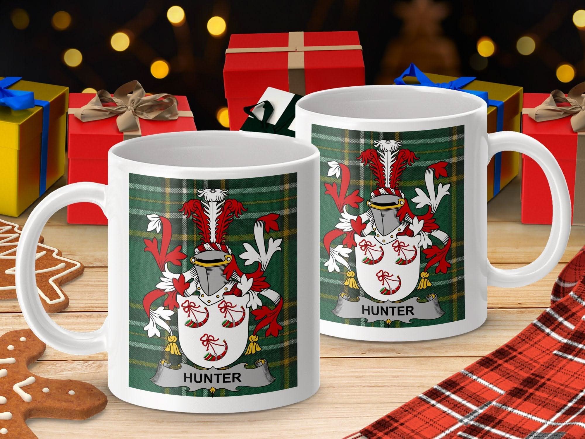 Hunter Surname Family Crest Irish National Tartan Mug - Celtic Ancestry Gifts