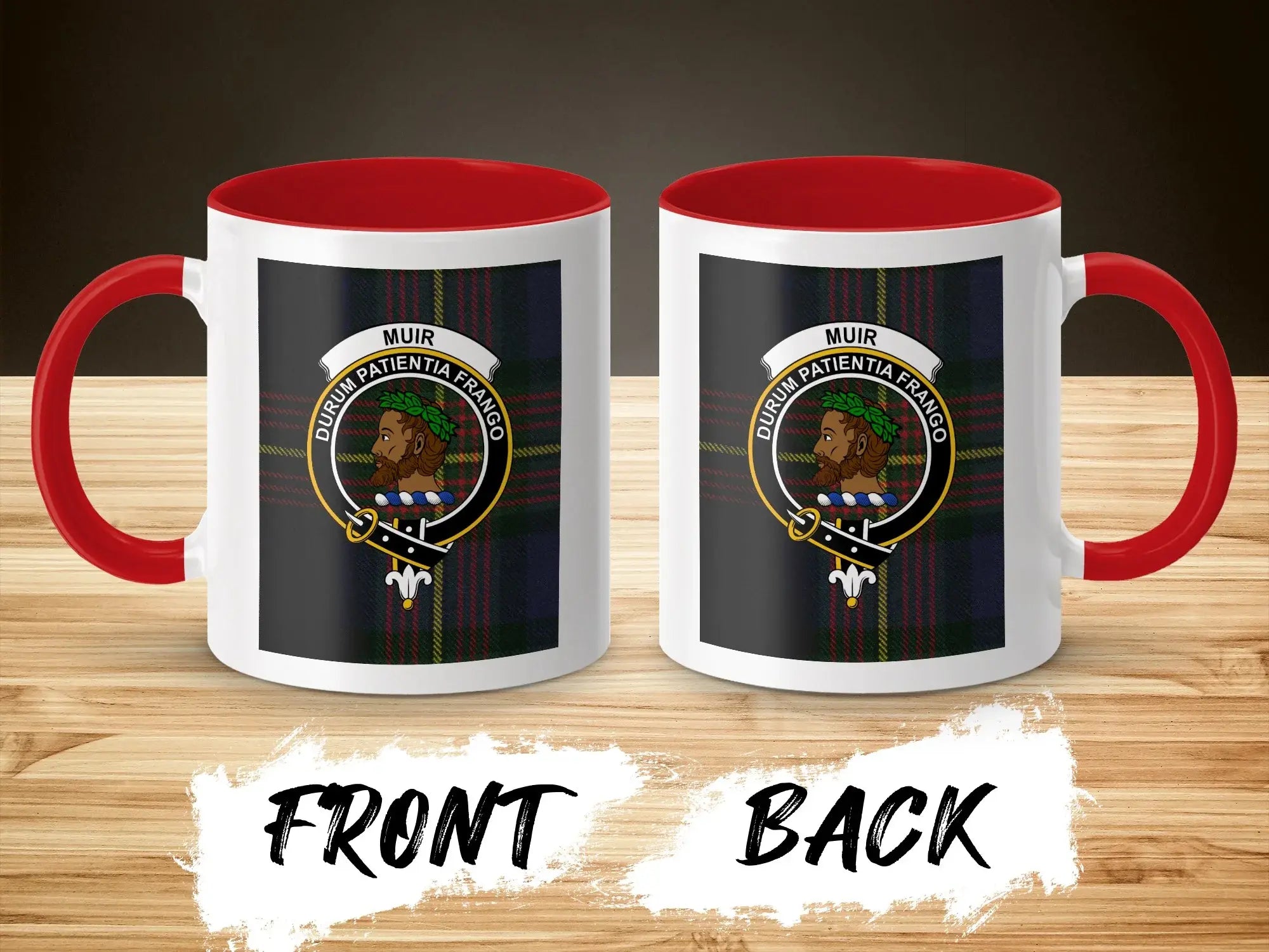 Muir Durum Patientia Frango crest mug shown front and back — glossy ceramic with clan tartan