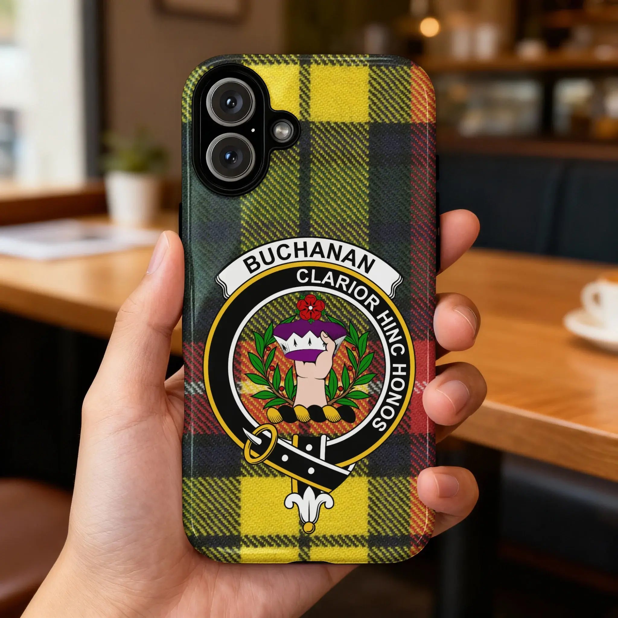 Clan Buchanan tartan case on iPhone — full wrap crest design, glossy surface