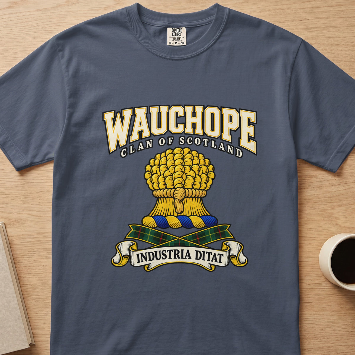 Wauchope clan T-shirt in slate blue, front view with gold sheaf of grain