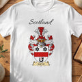 White Currel Scottish family shield T-shirt featuring black stars above a red band