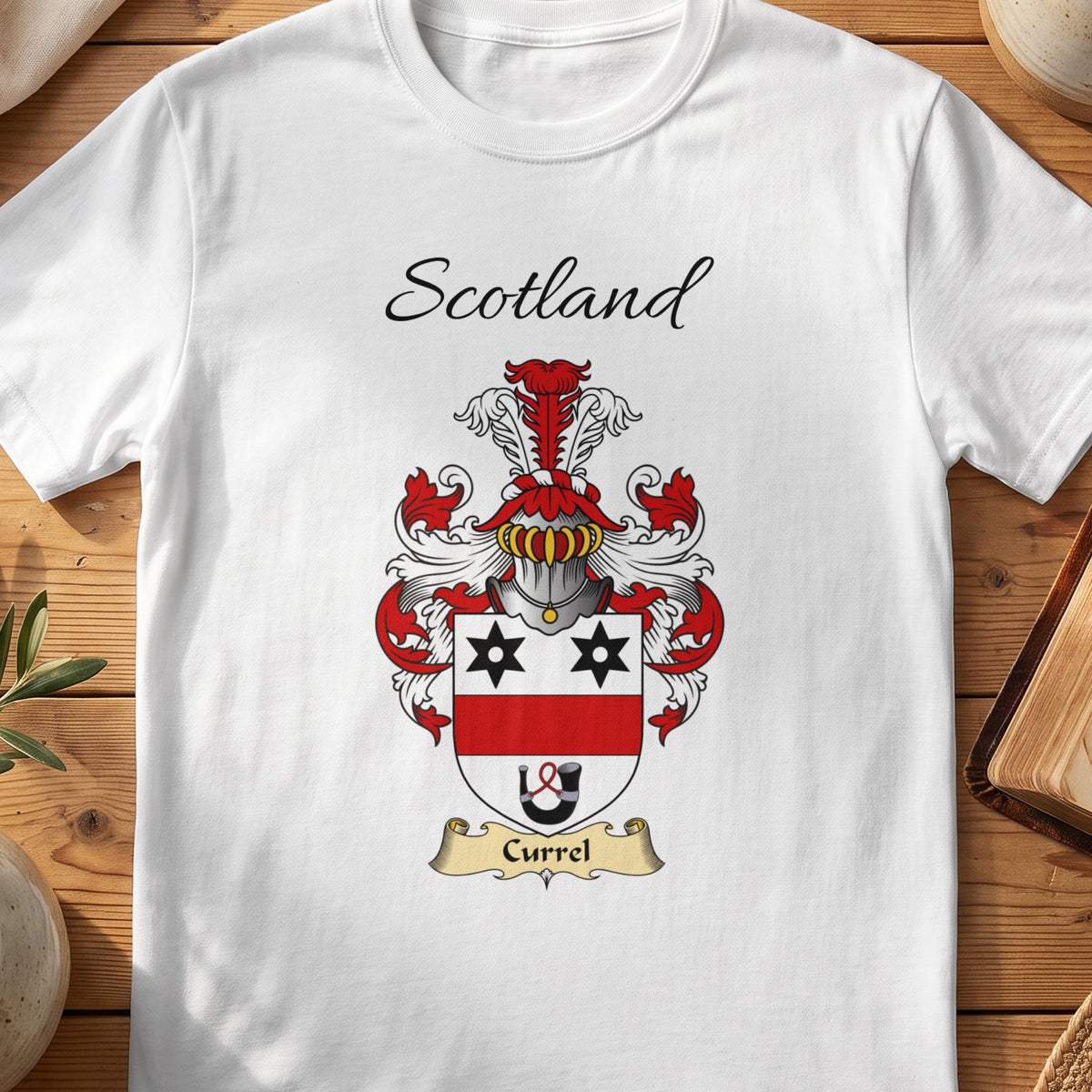 White Currel Scottish family shield T-shirt featuring black stars above a red band