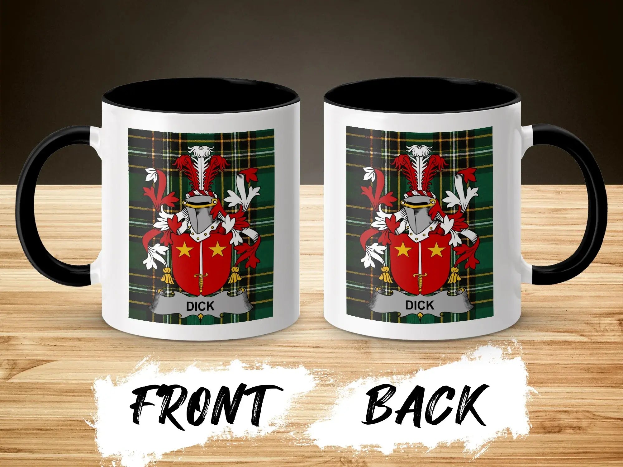 Two views of a white mug with a black rim, featuring a family crest with the name "DICK".