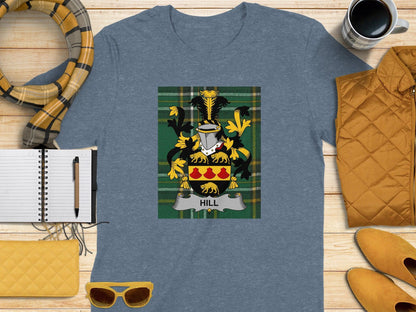 Hill Family Crest Tartan Background T-Shirt - Celtic Ancestry Gifts