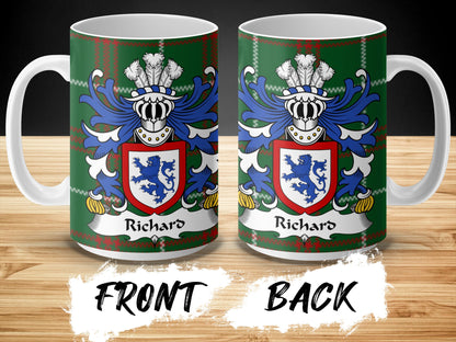 Richard Welsh Surname Coat of Arms Tartan Background Mug - Living Stone Gifts