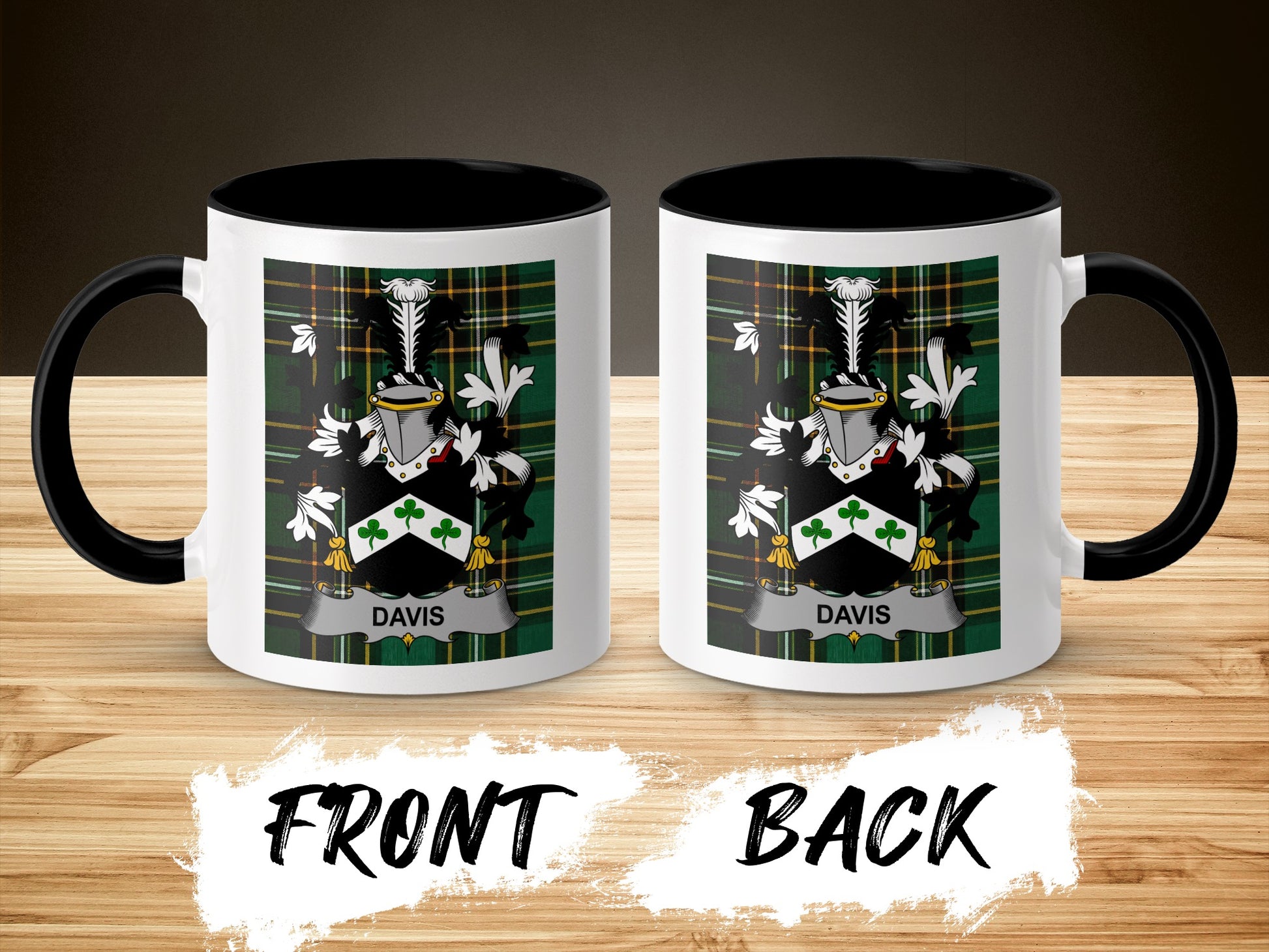 White mug with black rim and handle displaying "DAVIS" coat of arms on plaid background.