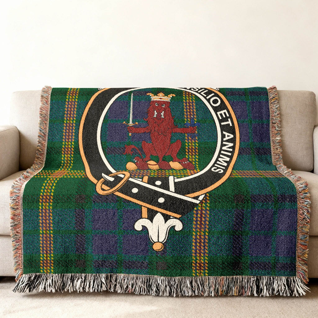 Maitland Consilio et Animis tartan woven blanket — clan crest and plaid pattern woven in cotton