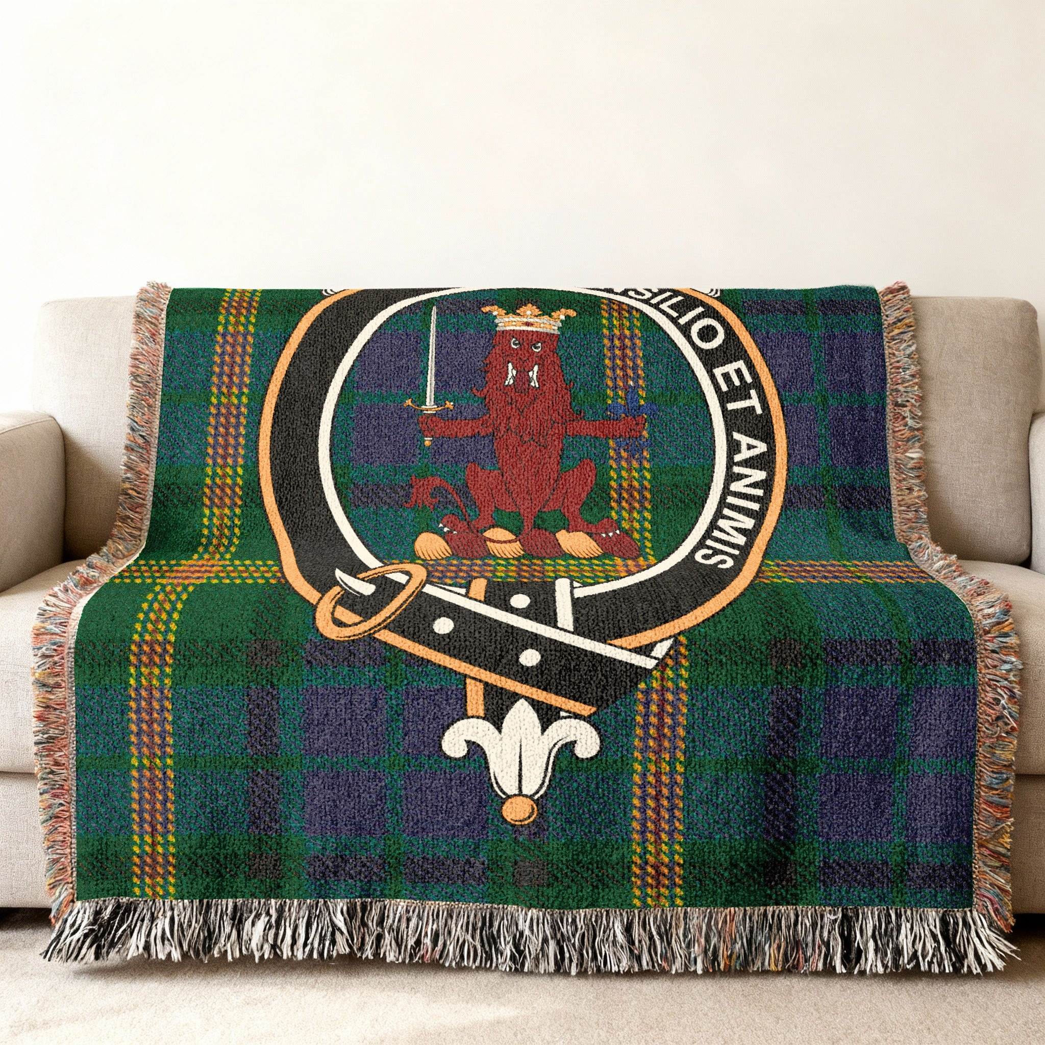 Maitland Consilio et Animis tartan woven blanket — clan crest and plaid pattern woven in cotton