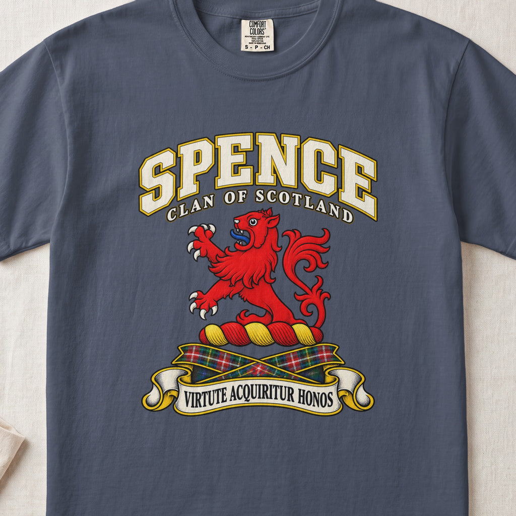 Spence Scottish clan T-shirt in Midnight, front view with a red lion with raised forelegs and motto banner.