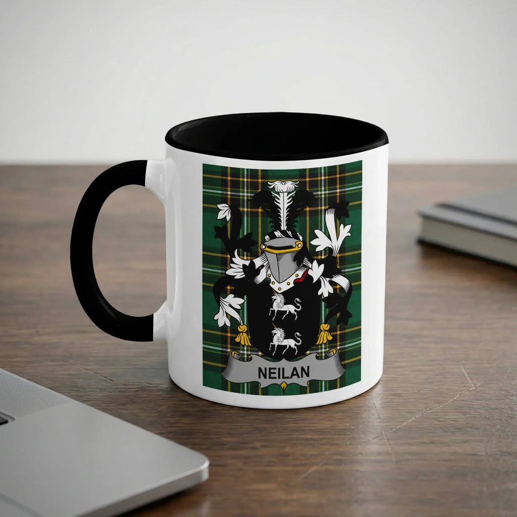 Neilan black accent mug with family crest on tartan background