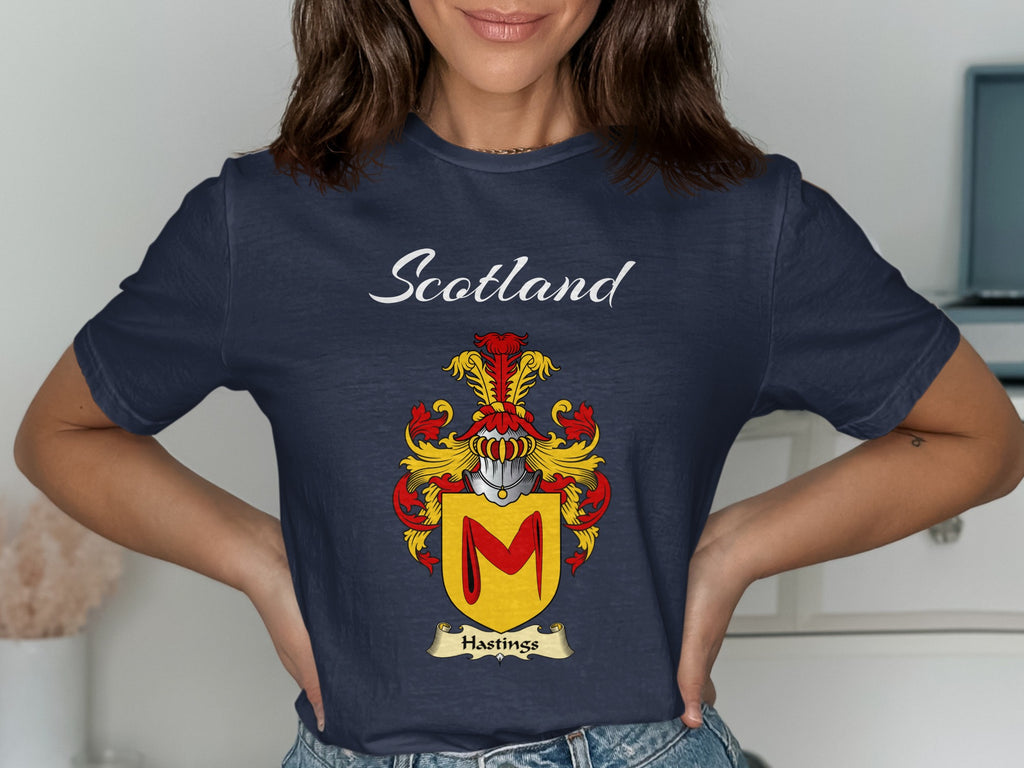 Hastings Scottish family shield design on Navy T-shirt