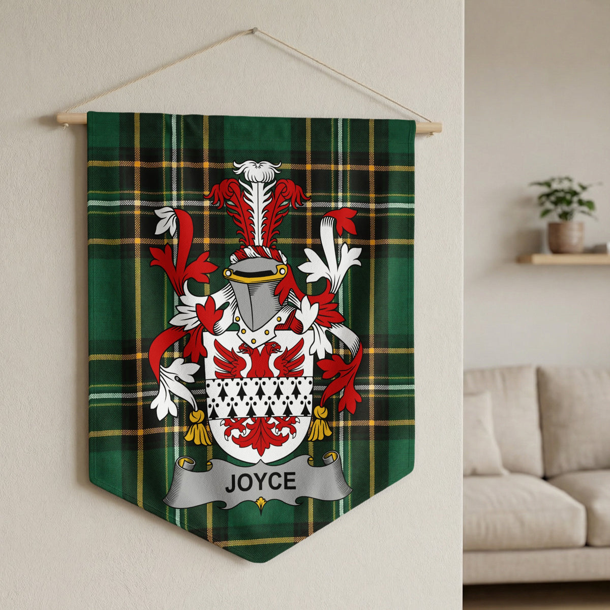 Joyce family crest pennant hanging on a wall over the Irish National Tartan