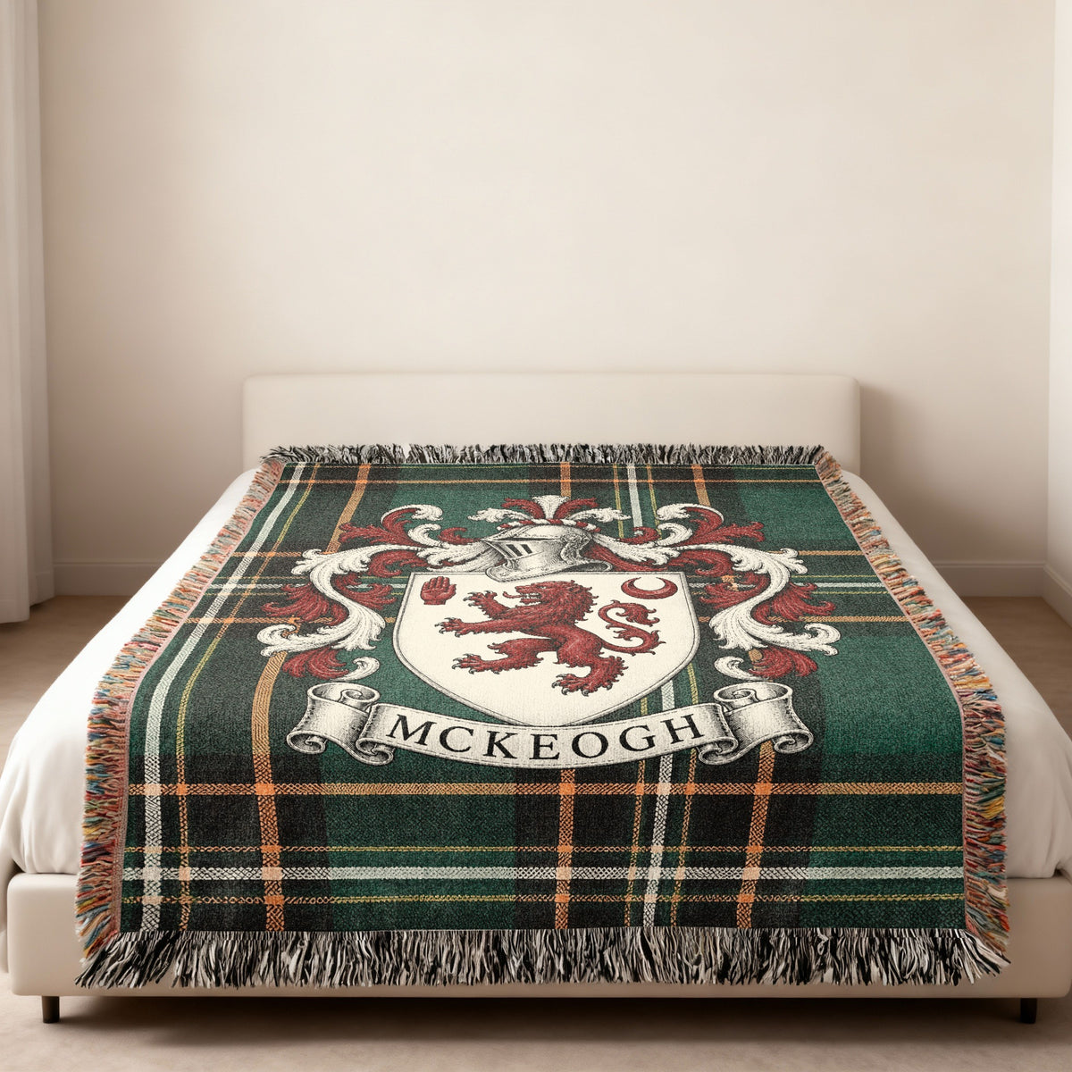 McKeogh Irish National Tartan family crest woven throw displayed in a home setting