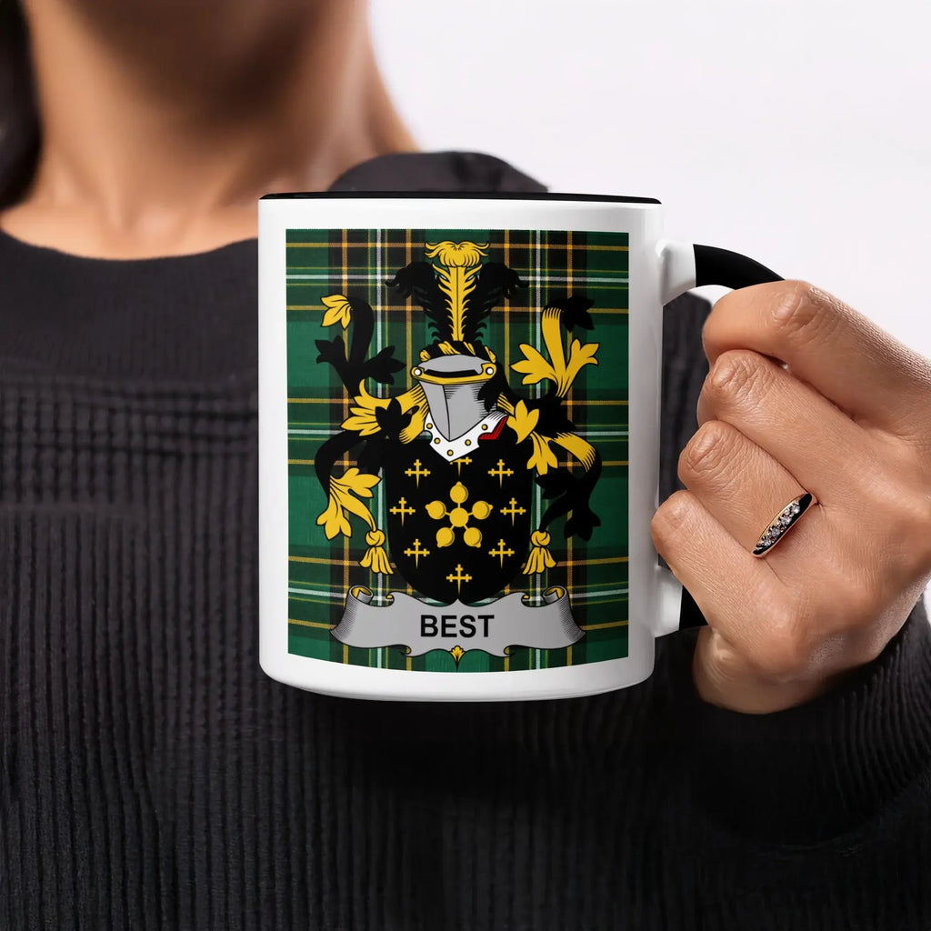 Mug with green tartan and the Best family crest.
