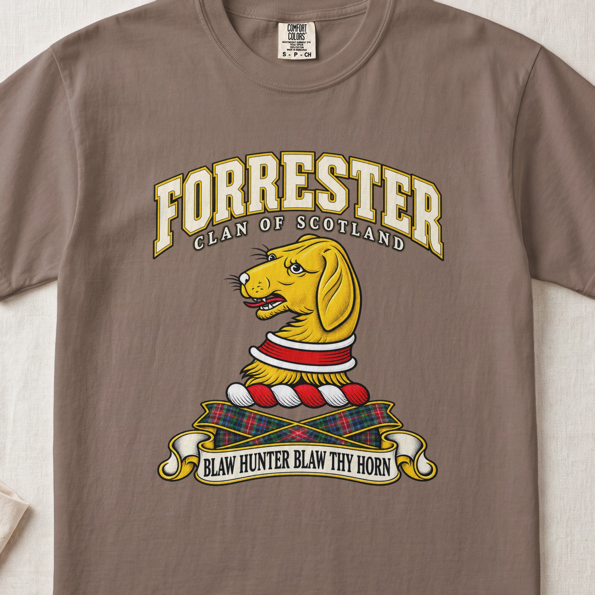 Forrester Scottish clan T-shirt in Espresso, front view with a gold hound head with a red and white collar and motto banner.