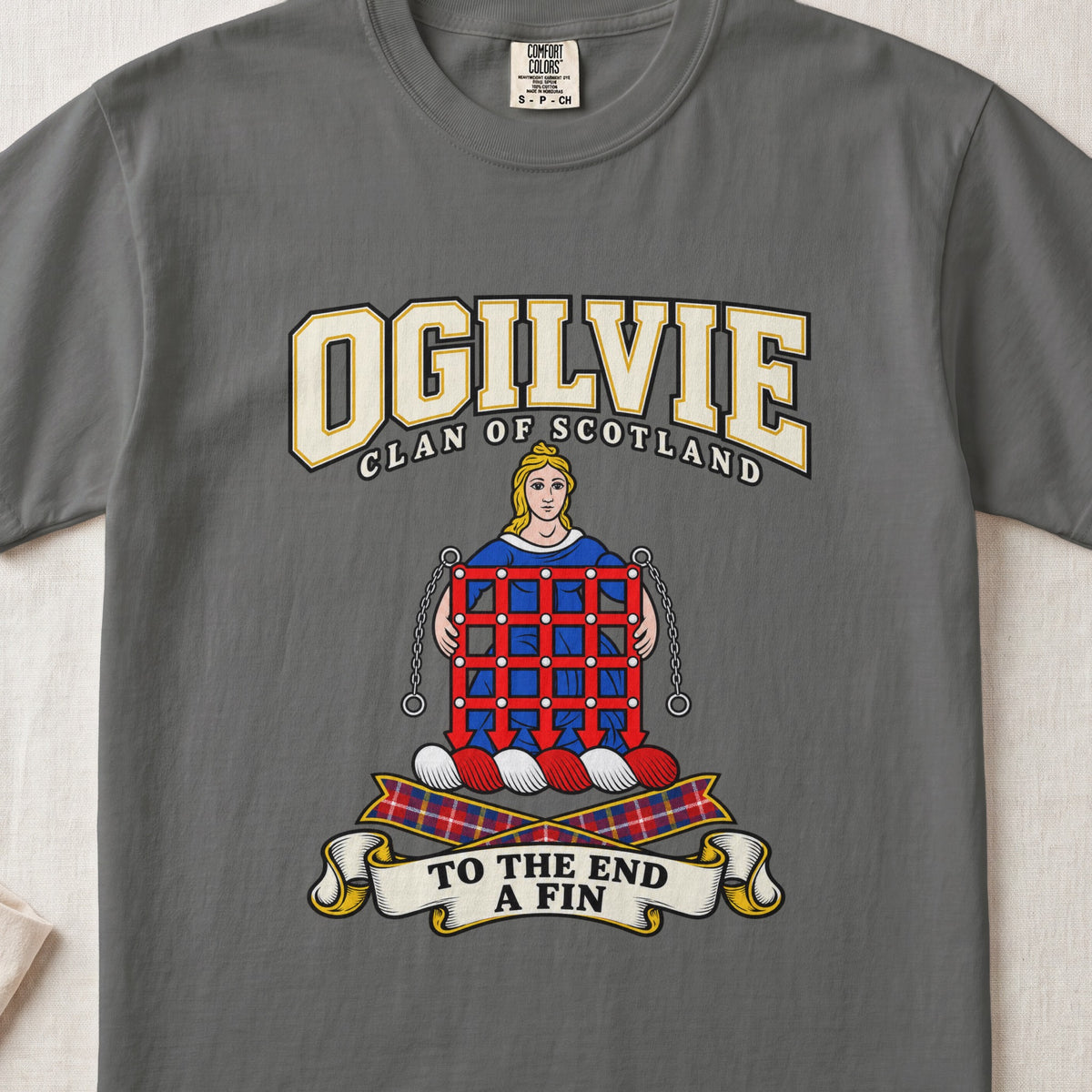 Ogilvie Scottish clan graphic T-shirt in Pepper, front view