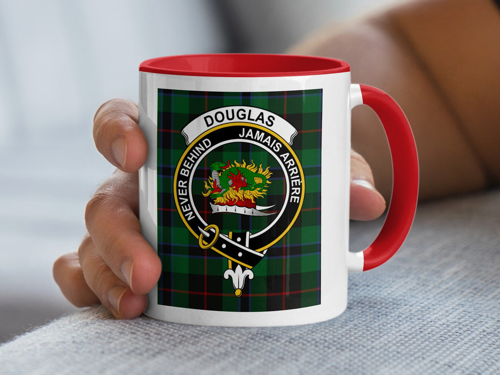 Douglas family crest tartan mug with red handle and rim