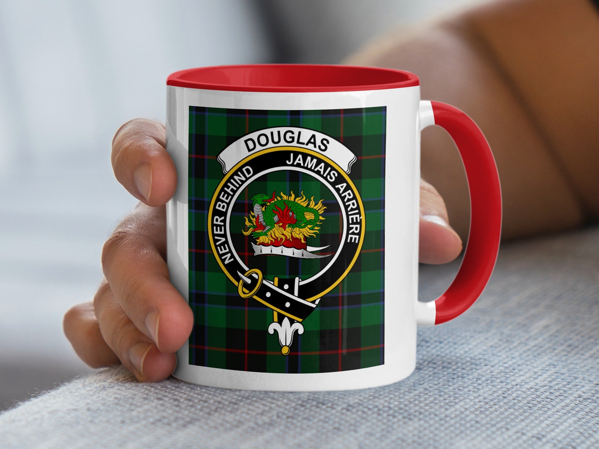 Douglas family crest tartan mug with red handle and rim