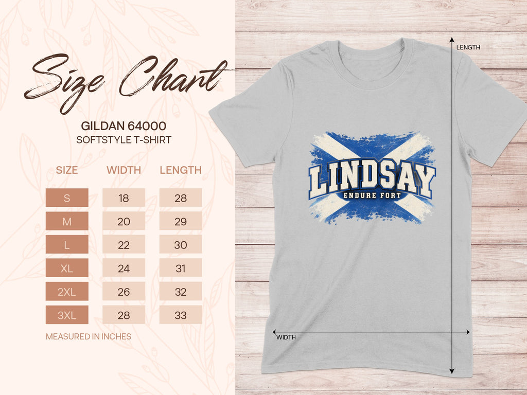 Gildan Softstyle 64000 size chart for the Lindsay Saltire T-shirt, showing shirt width and length in inches.