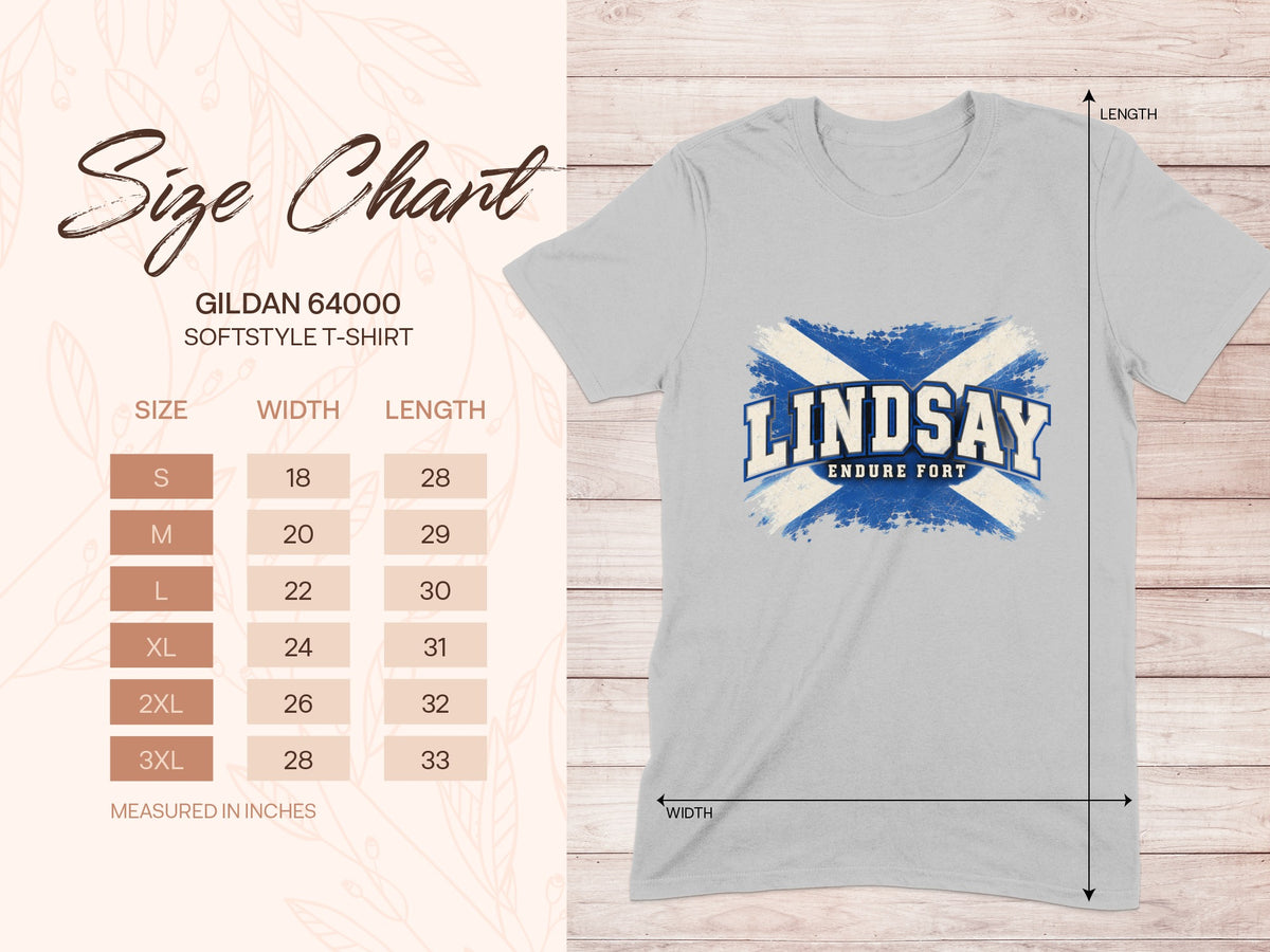 Gildan Softstyle 64000 size chart for the Lindsay Saltire T-shirt, showing shirt width and length in inches.